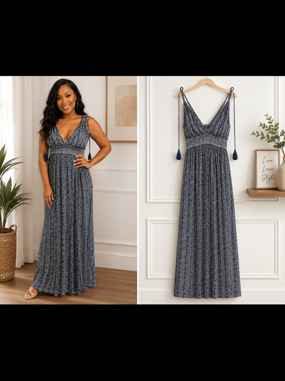 Lulu's Navy Printed V-Neck Maxi Dress with Smocked Waist